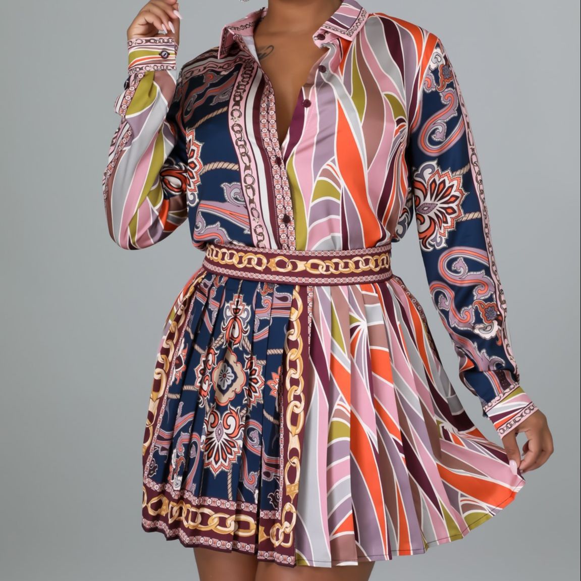 Printed Long Sleeve Pleated Square Neck Dress 2-piece Set
