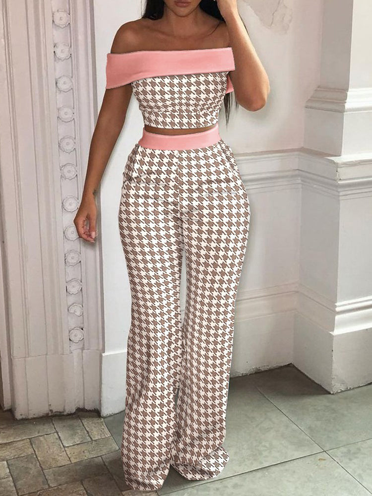 Matching Set Women Slash Neck Pullover Top High Elastic Waist Wide Leg Pants