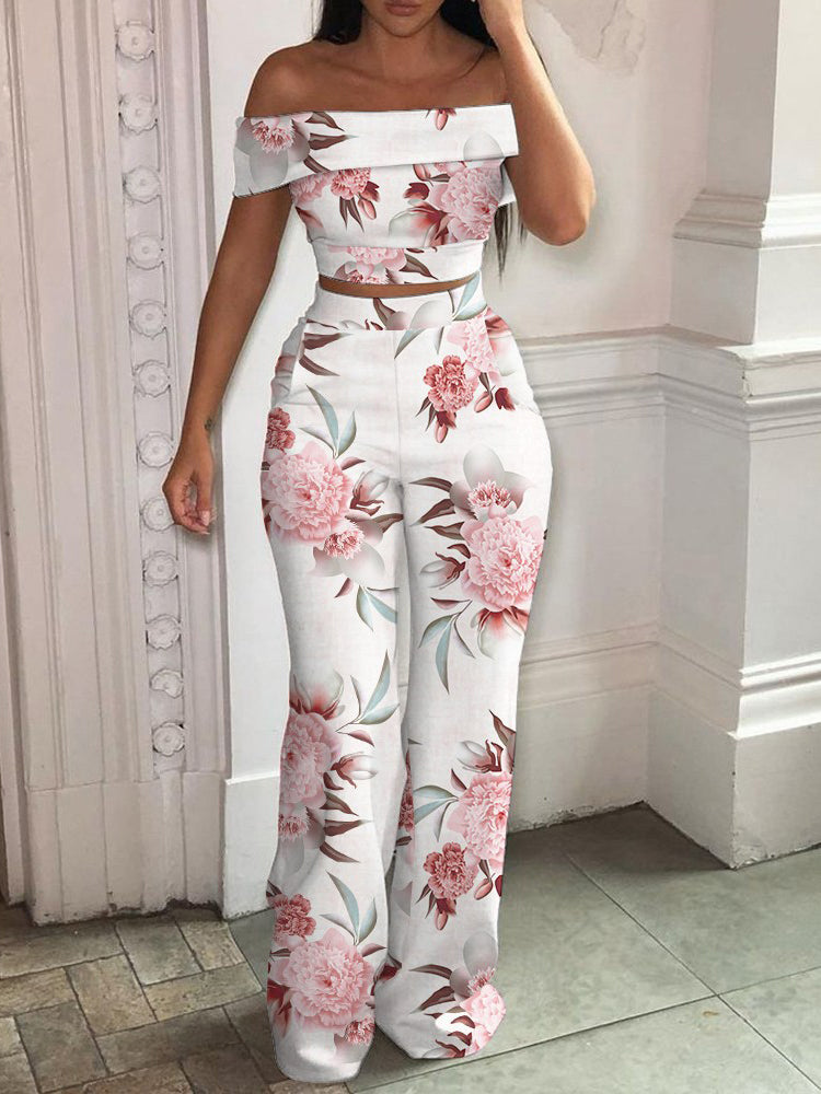 Matching Set Women Slash Neck Pullover Top High Elastic Waist Wide Leg Pants