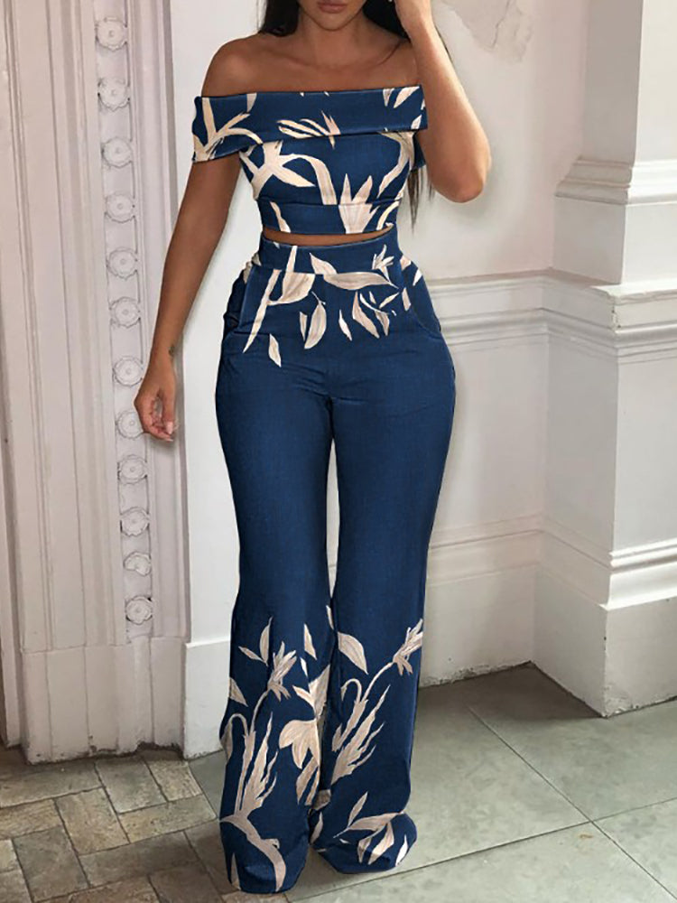 Matching Set Women Slash Neck Pullover Top High Elastic Waist Wide Leg Pants