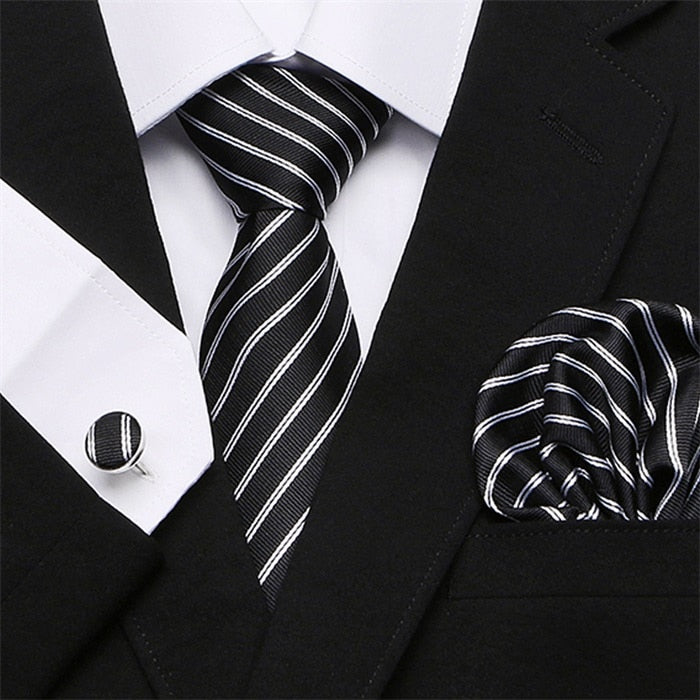 Men`s 100% Silk Tie + Hanky + Cufflinks Sets For Formal Wedding Business Party