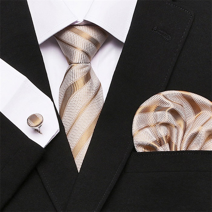 Men`s 100% Silk Tie + Hanky + Cufflinks Sets For Formal Wedding Business Party