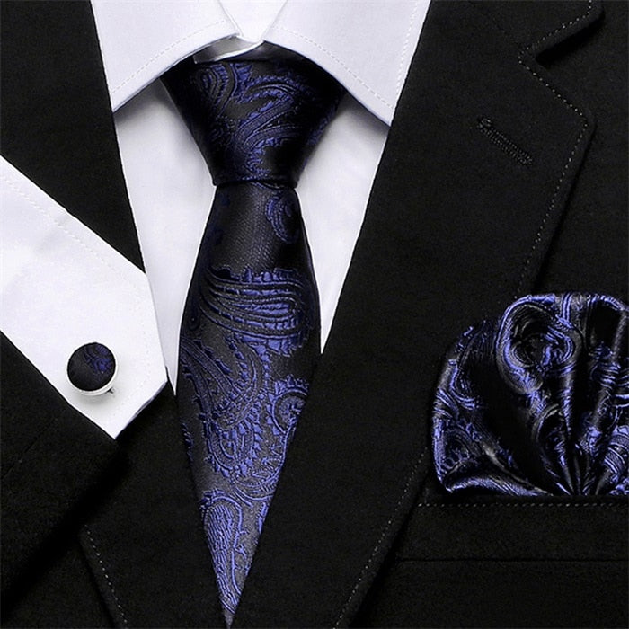 Men`s 100% Silk Tie + Hanky + Cufflinks Sets For Formal Wedding Business Party