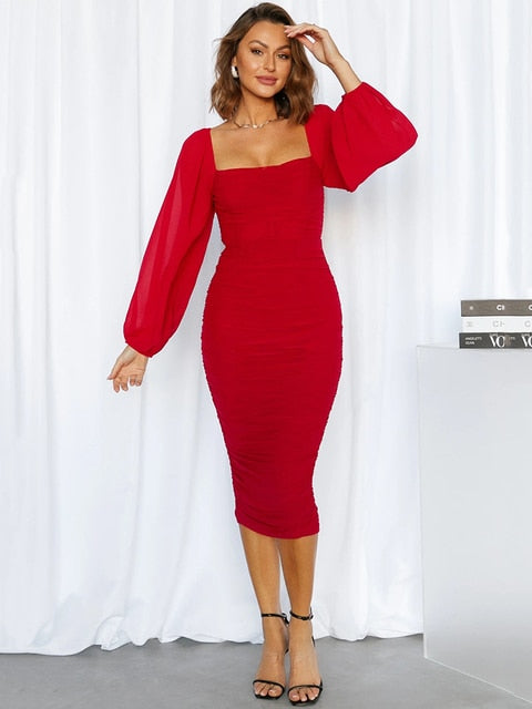 Elegant Long Sleeve Backless Midi Dress