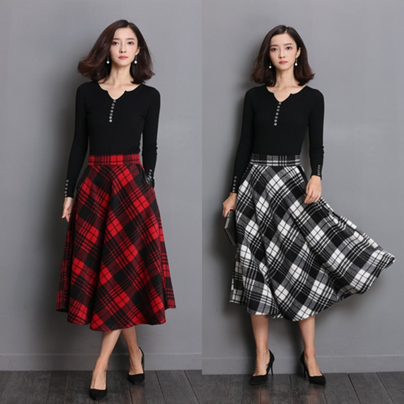 England Style Plaid High Waist Midi Skirts