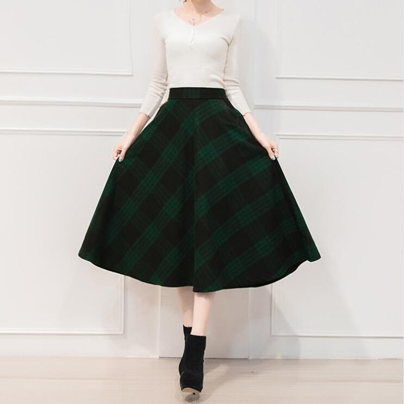 England Style Plaid High Waist Midi Skirts