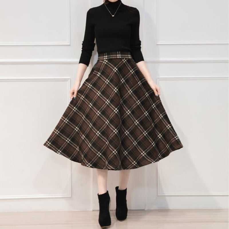 England Style Plaid High Waist Midi Skirts