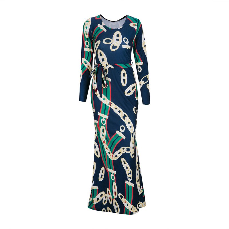 Long-Sleeved Digital Print Elastic Trend Dress