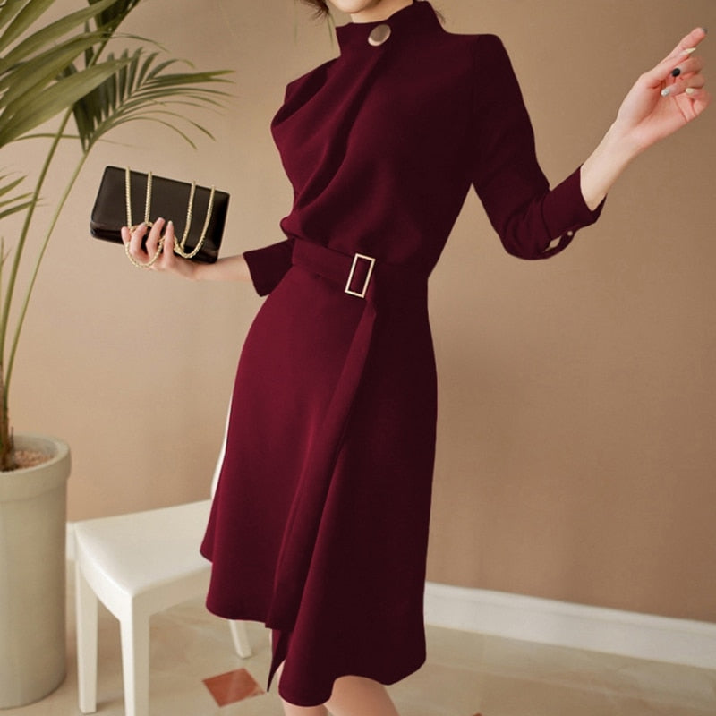 Autumn Elegant Button Stand Neck Belted Long Sleeve Work Split Dress