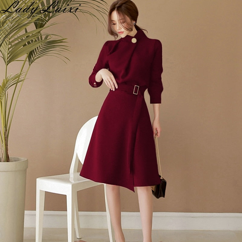 Autumn Elegant Button Stand Neck Belted Long Sleeve Work Split Dress