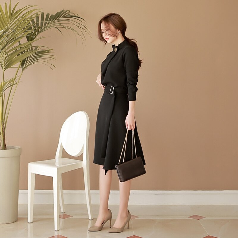 Autumn Elegant Button Stand Neck Belted Long Sleeve Work Split Dress