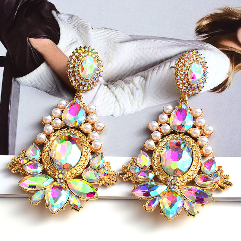 Statement Long Crystal Pearl Metal Dangle Drop Earrings