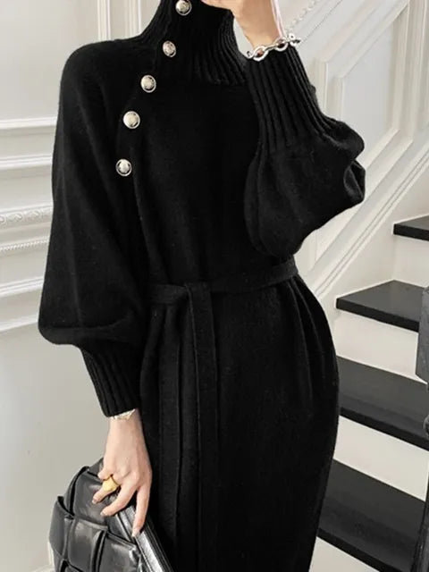 Autumn Winter Casual Loose Turtleneck Long Sleeve Knit Lace-up Buttons Jersey Dress f