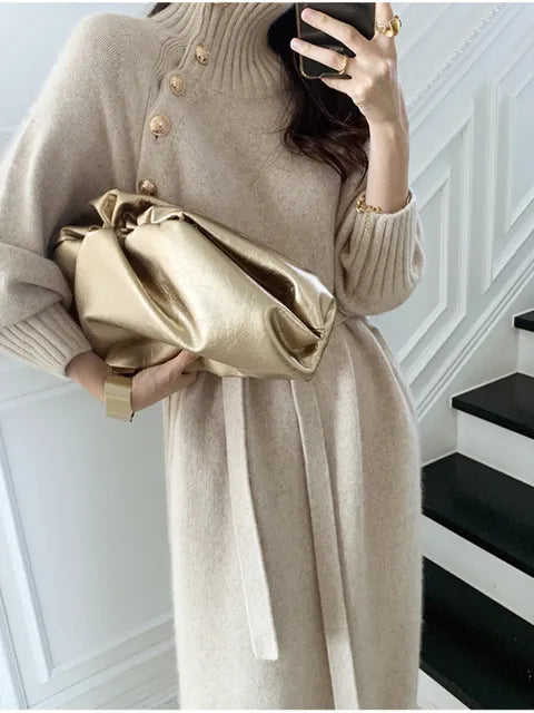 Autumn Winter Casual Loose Turtleneck Long Sleeve Knit Lace-up Buttons Jersey Dress f