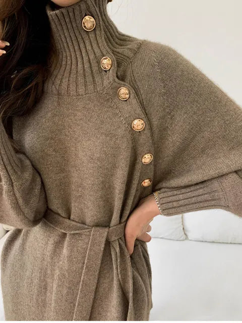Autumn Winter Casual Loose Turtleneck Long Sleeve Knit Lace-up Buttons Jersey Dress f