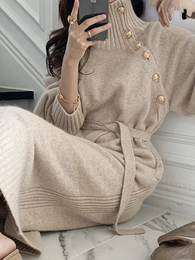 Autumn Winter Casual Loose Turtleneck Long Sleeve Knit Lace-up Buttons Jersey Dress f