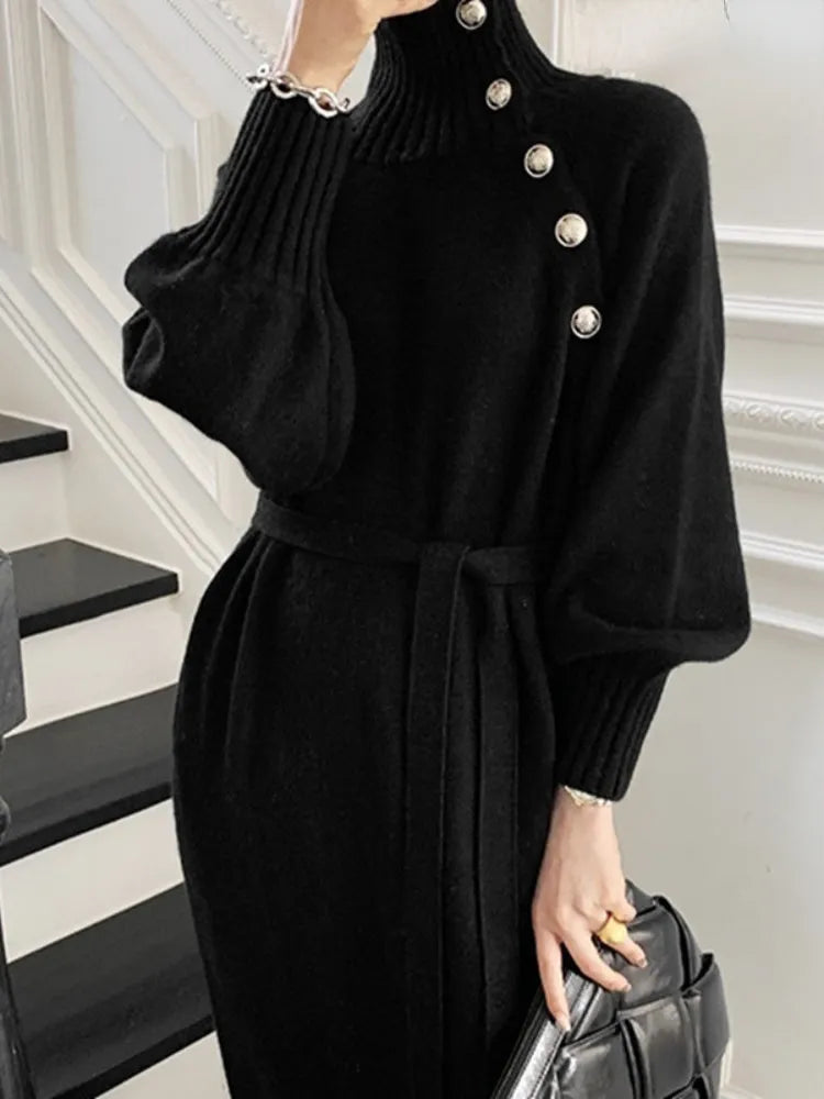 Autumn Winter Casual Loose Turtleneck Long Sleeve Knit Lace-up Buttons Jersey Dress f