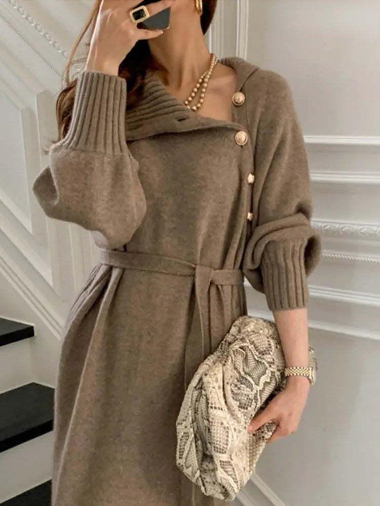 Autumn Winter Casual Loose Turtleneck Long Sleeve Knit Lace-up Buttons Jersey Dress f