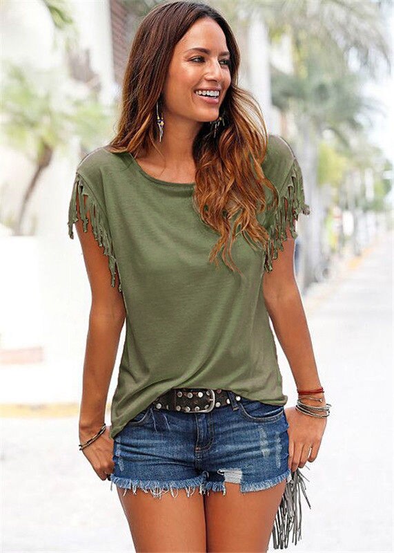 Casual Top - Fringed Short Sleeves