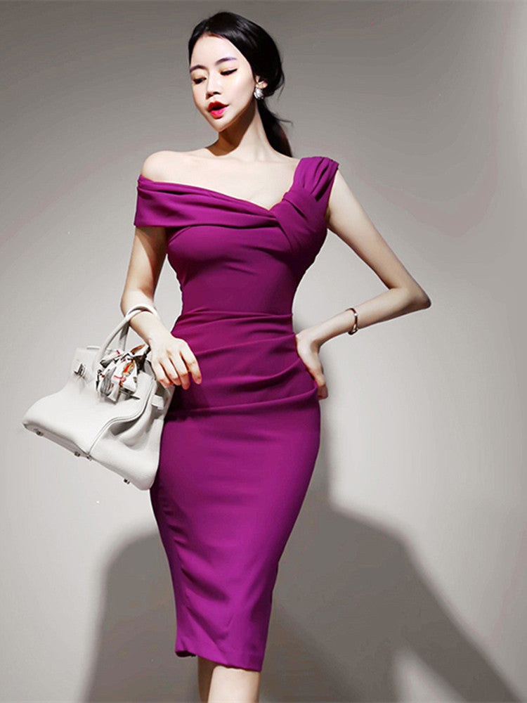 Slash Neck One-shoulder Slim Slit Sheath Dress