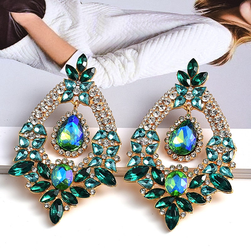 Long Metal Colorful Crystal Drop Earrings