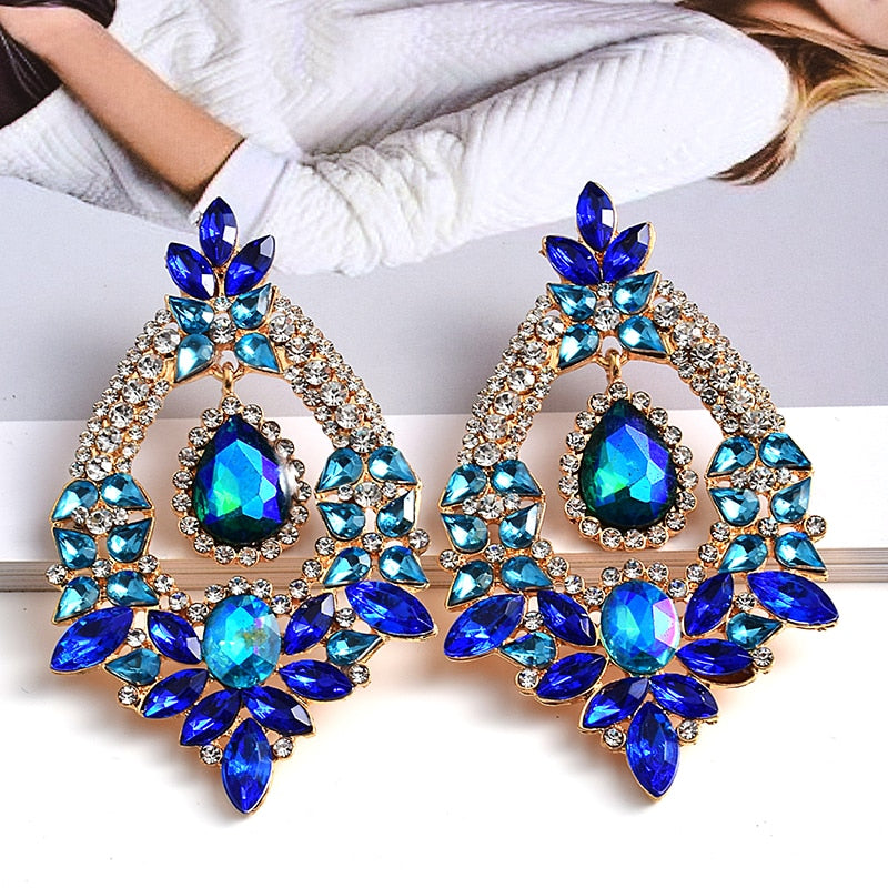 Long Metal Colorful Crystal Drop Earrings