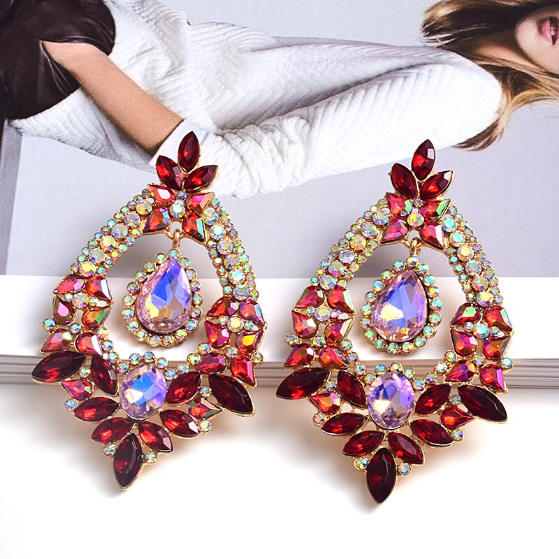 Long Metal Colorful Crystal Drop Earrings