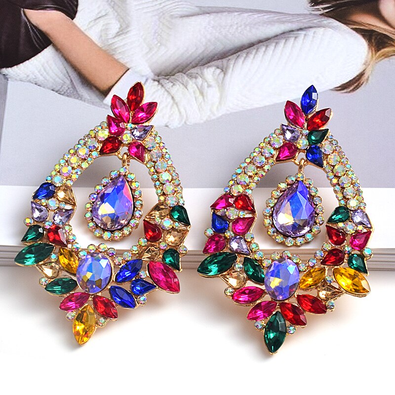 Long Metal Colorful Crystal Drop Earrings