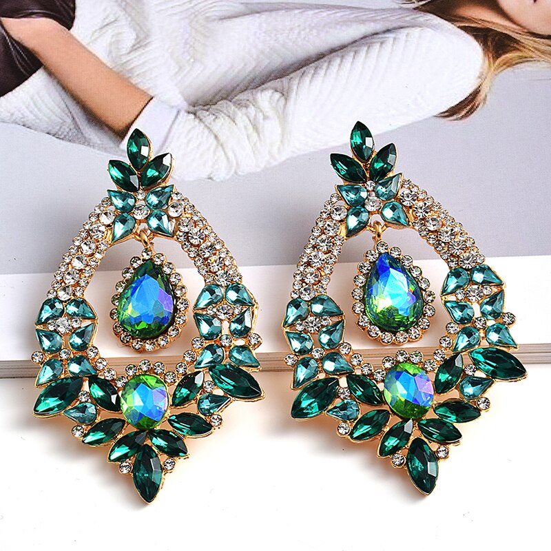 Long Metal Colorful Crystal Drop Earrings