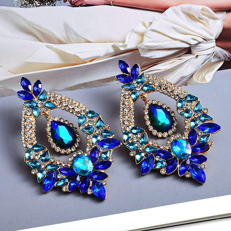 Long Metal Colorful Crystal Drop Earrings