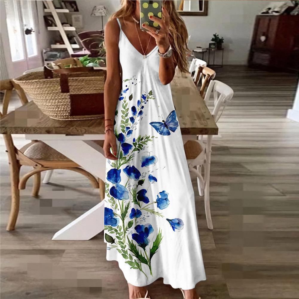 Sleeveless V-Neck Strap Floral 3D Print Long Maxi Dress