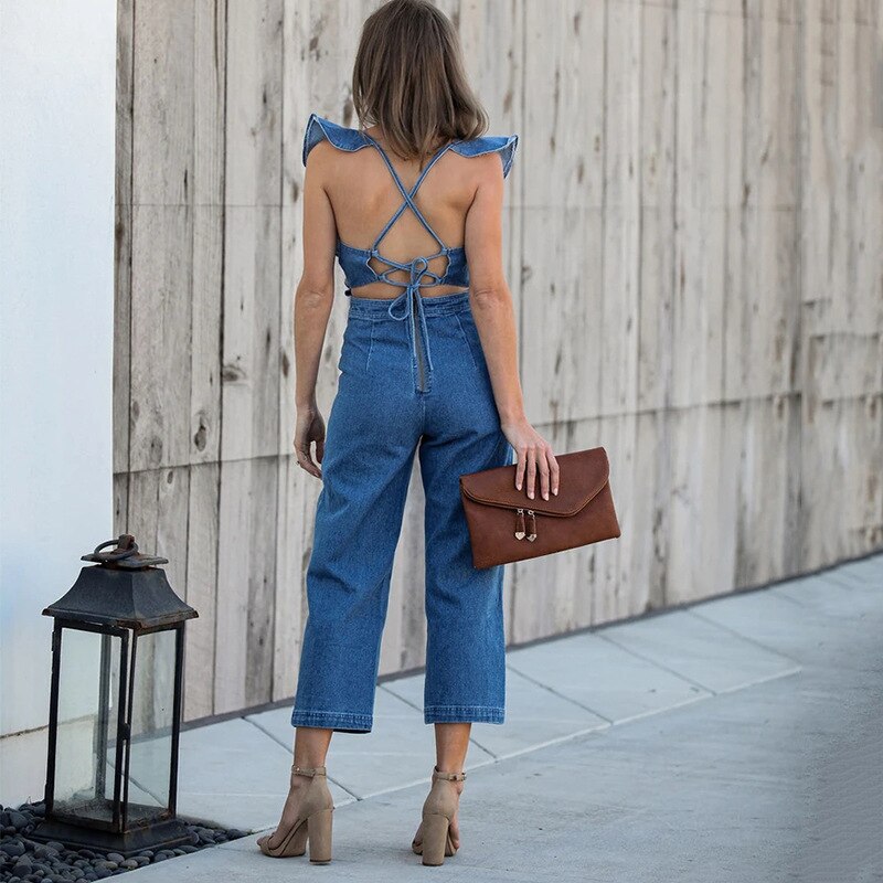 Casual Vintage Backless Denim Overalls Jumpsuit