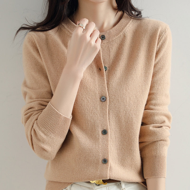 Cashmere Long Sleeve O-neck Wool Knitted Cardigan