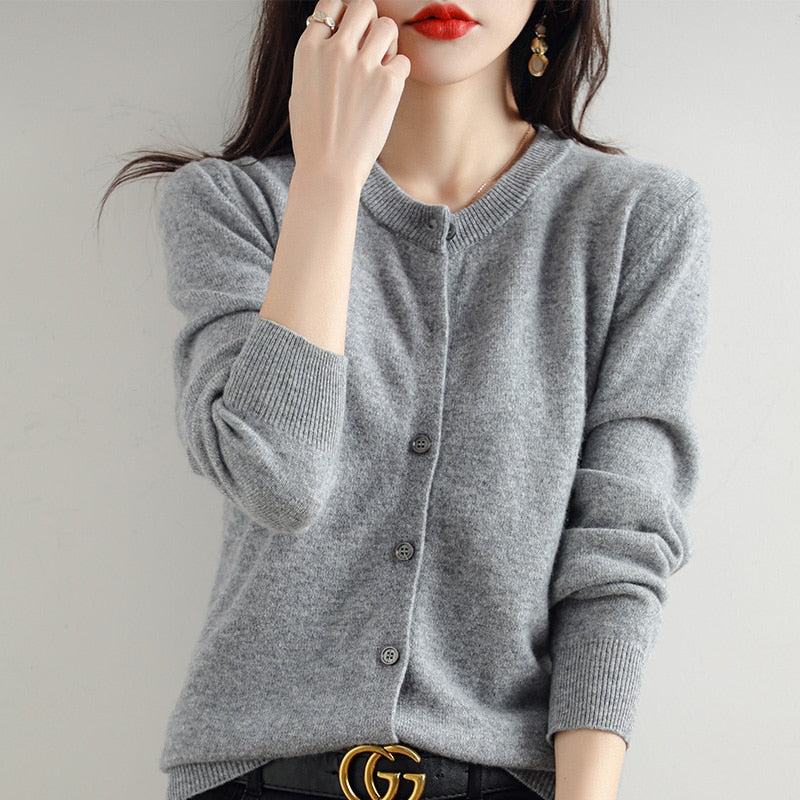 Cashmere Long Sleeve O-neck Wool Knitted Cardigan