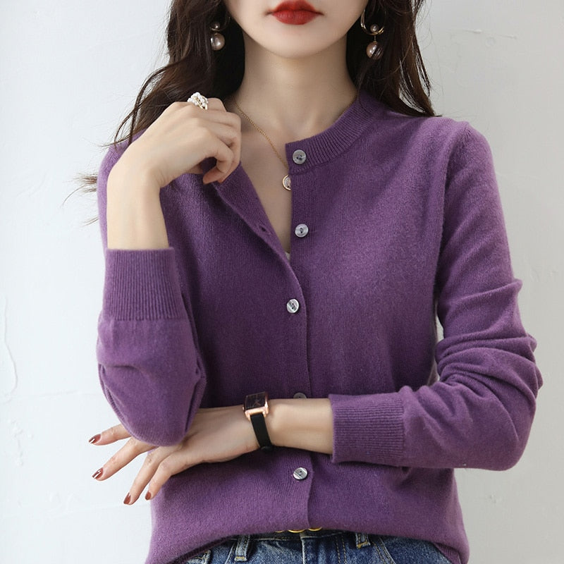 Cashmere Long Sleeve O-neck Wool Knitted Cardigan