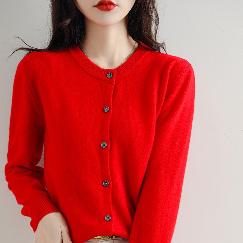 Cashmere Long Sleeve O-neck Wool Knitted Cardigan
