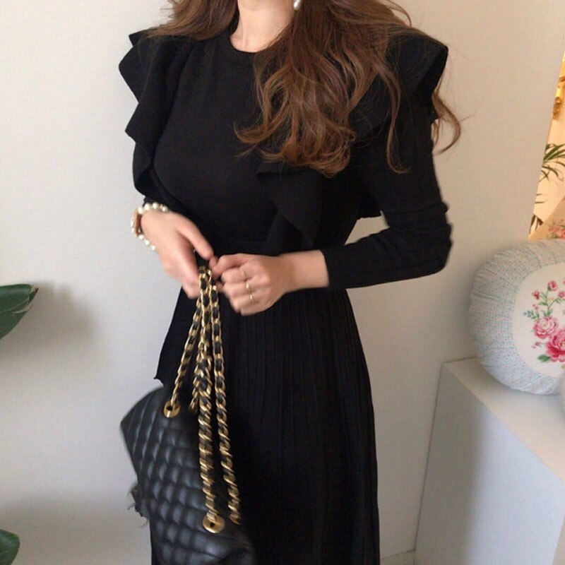 Ruffles Slim Waist Long Sleeve A Line Pleated Dress