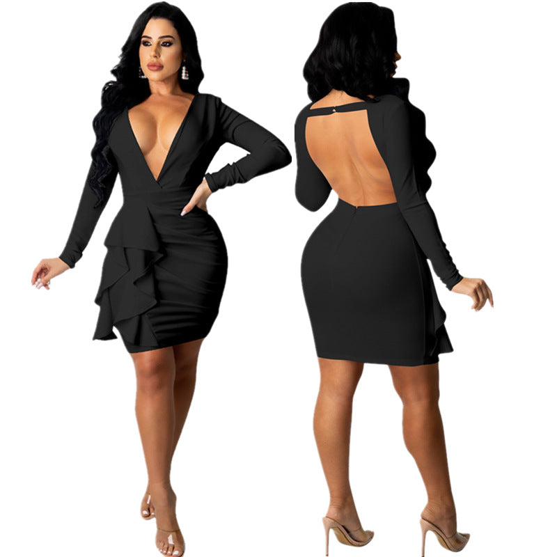 Long Sleeve Deep V-neck Ruffles Bodycon Midi Dress