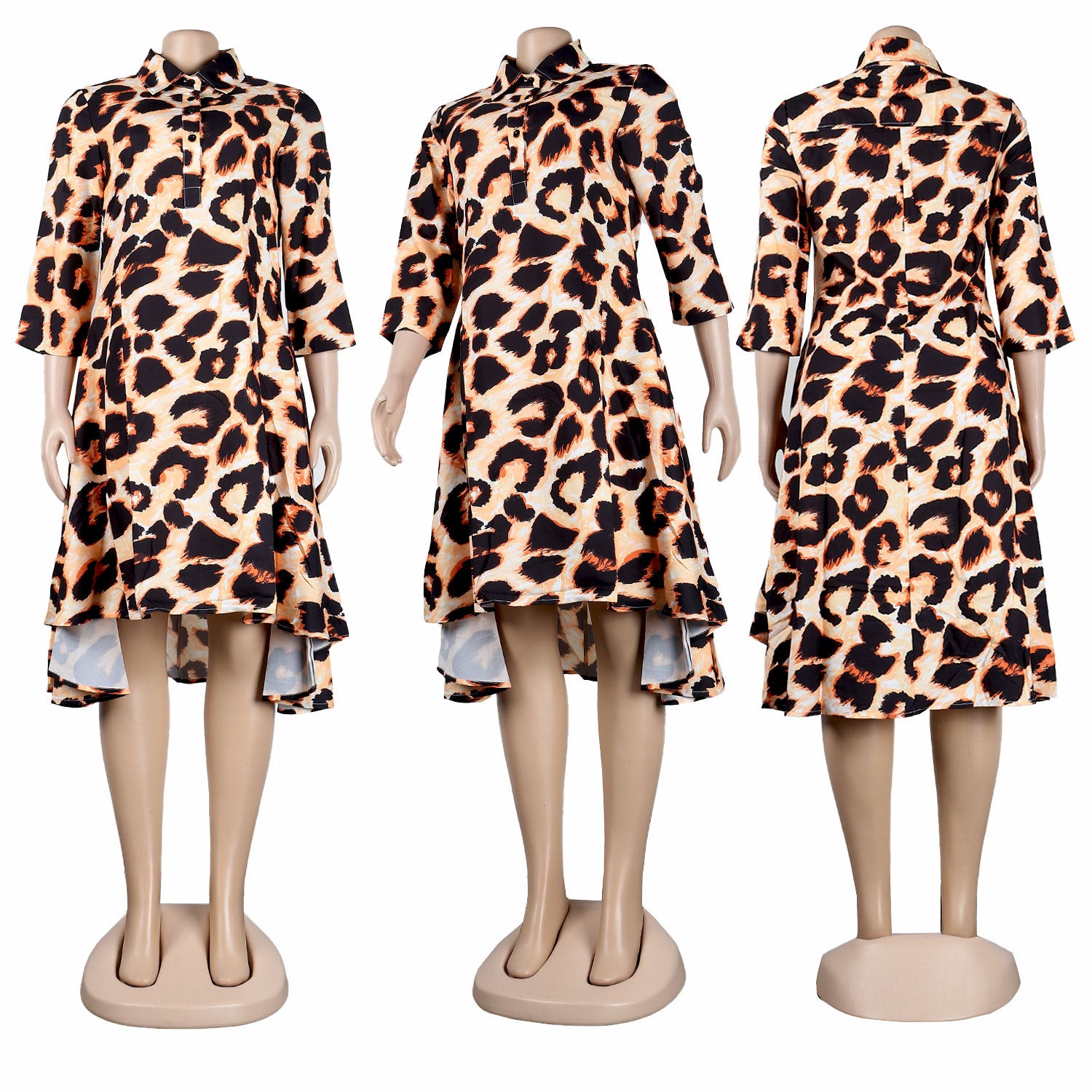 Turn-down Neck Big Swing Blouse Shirt Style Knee Length Dress