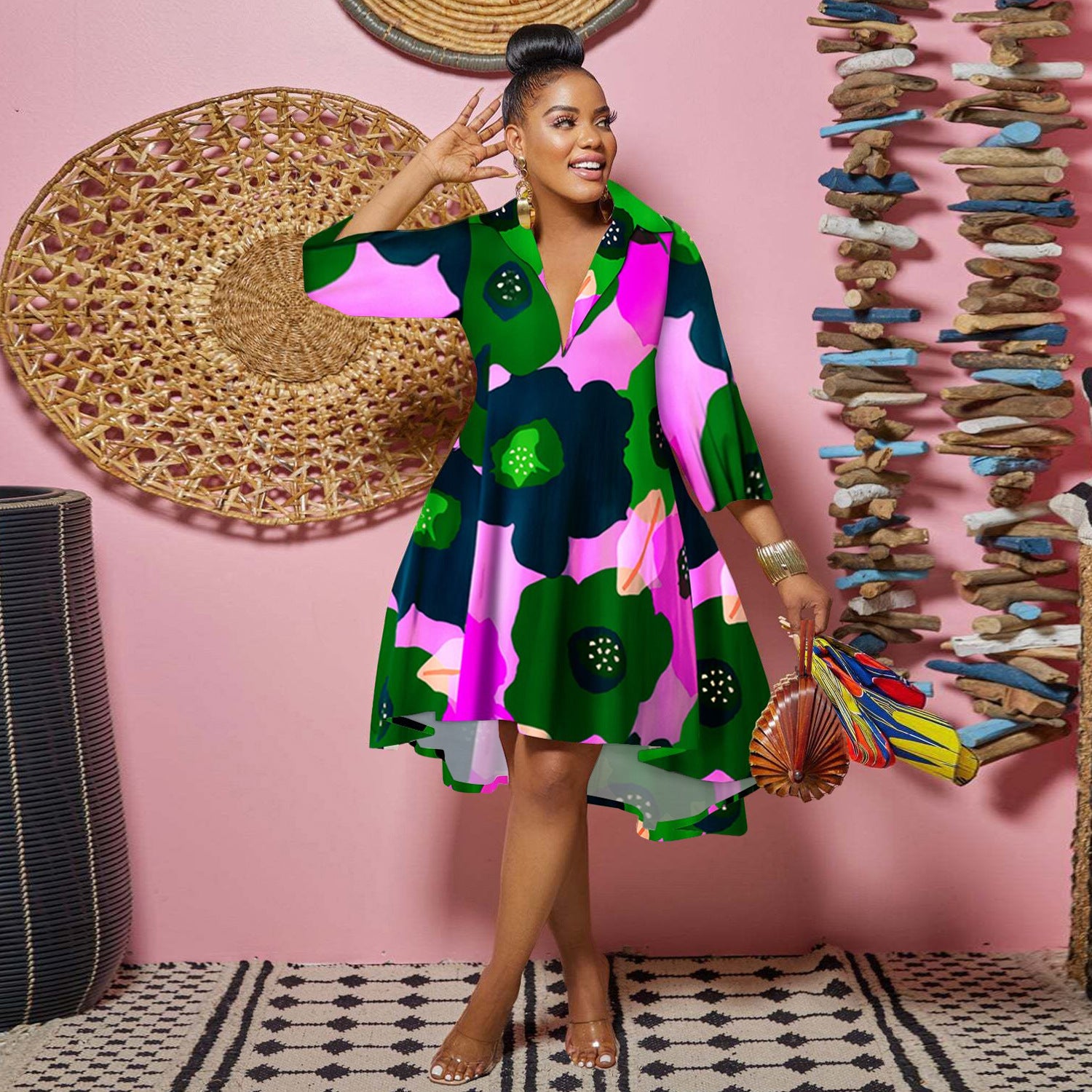 Turn-down Neck Big Swing Blouse Shirt Style Knee Length Dress