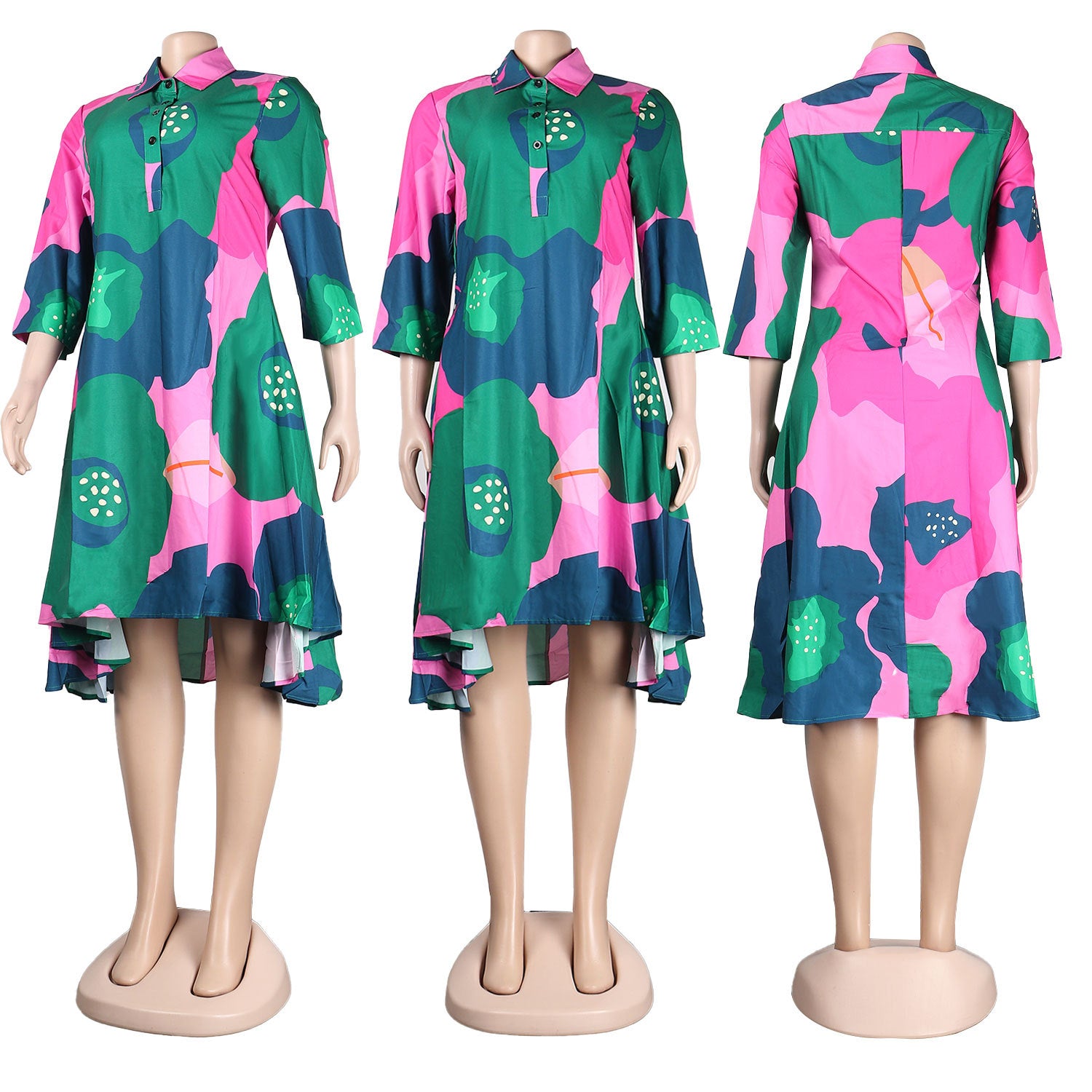 Turn-down Neck Big Swing Blouse Shirt Style Knee Length Dress
