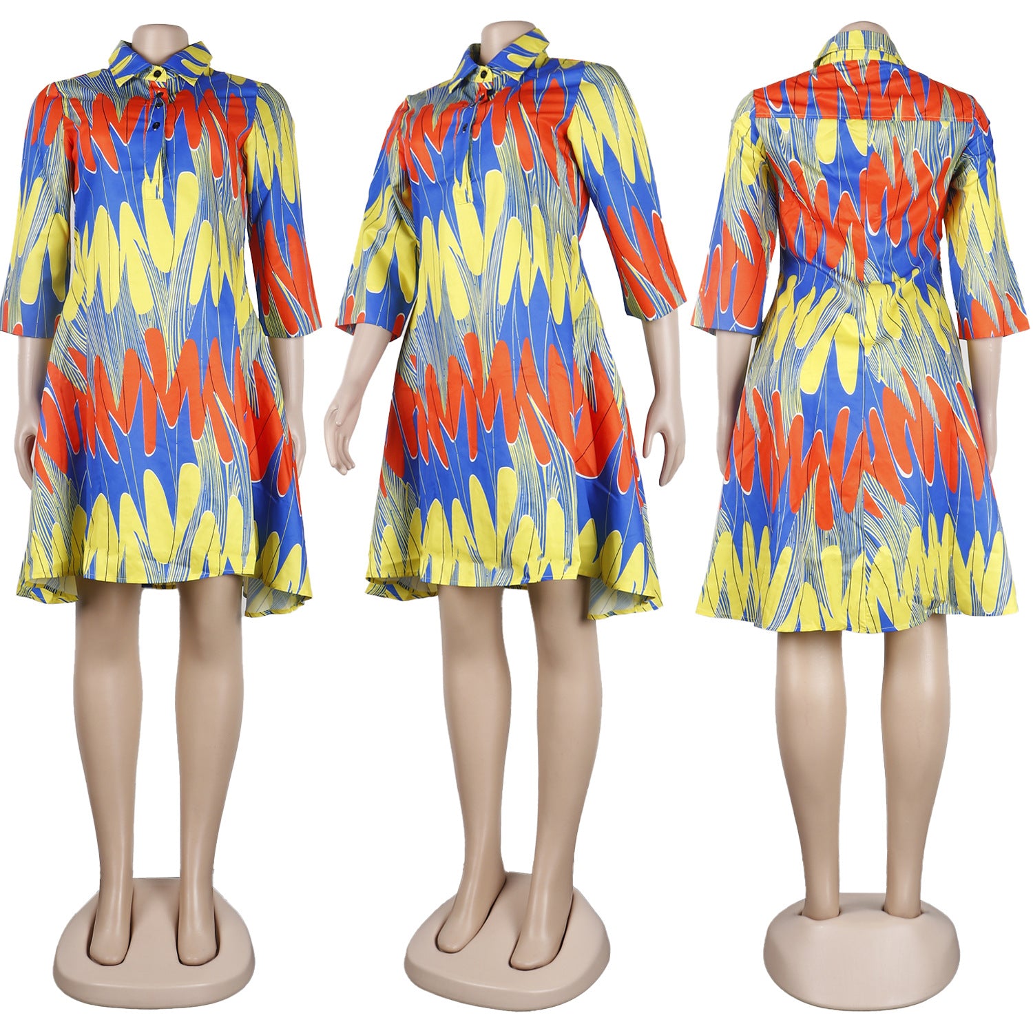 Turn-down Neck Big Swing Blouse Shirt Style Knee Length Dress