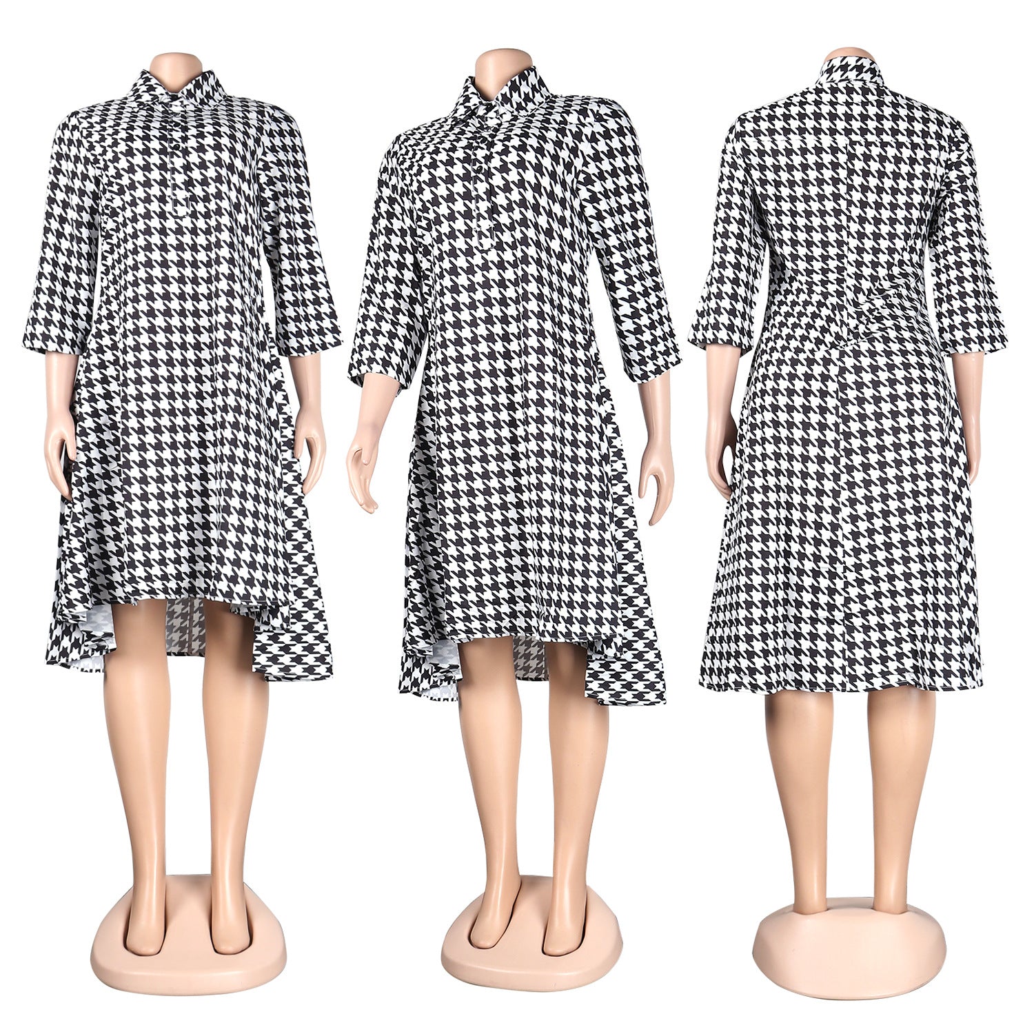 Turn-down Neck Big Swing Blouse Shirt Style Knee Length Dress