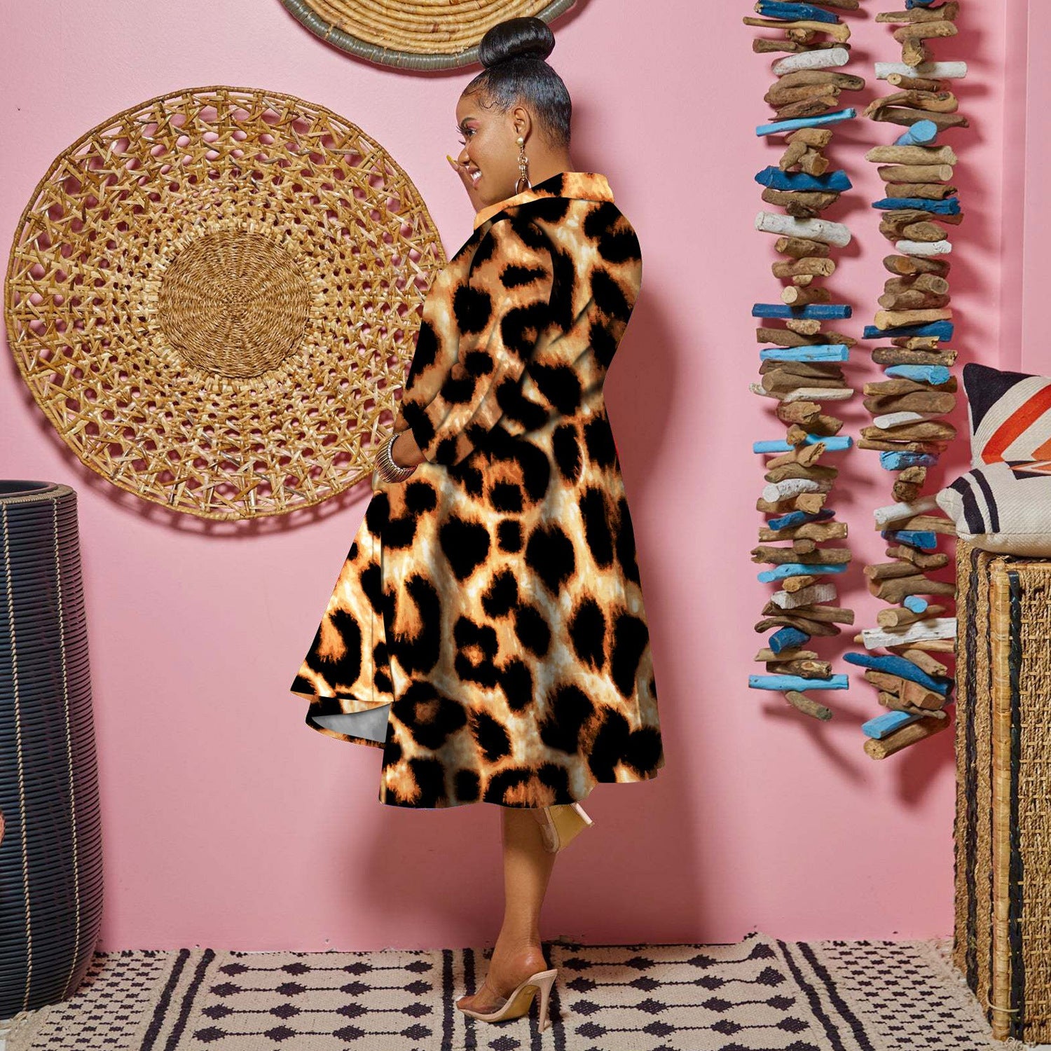 Turn-down Neck Big Swing Blouse Shirt Style Knee Length Dress