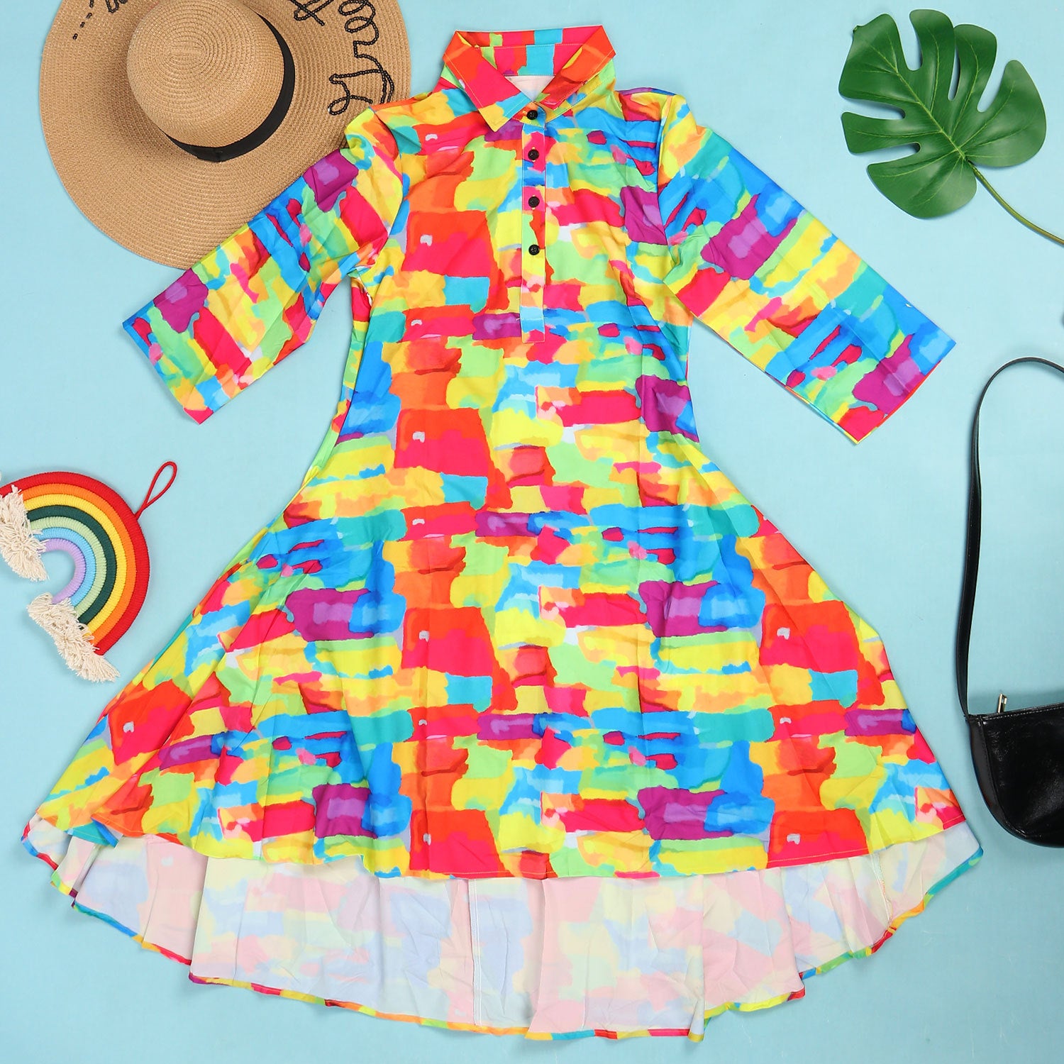 Turn-down Neck Big Swing Blouse Shirt Style Knee Length Dress