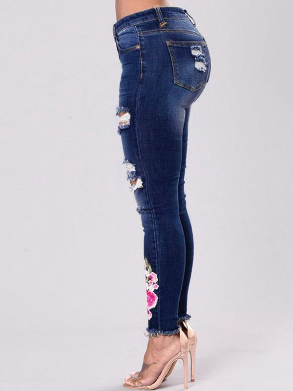 Stylish Hole Embroidery Easy Match Jeans