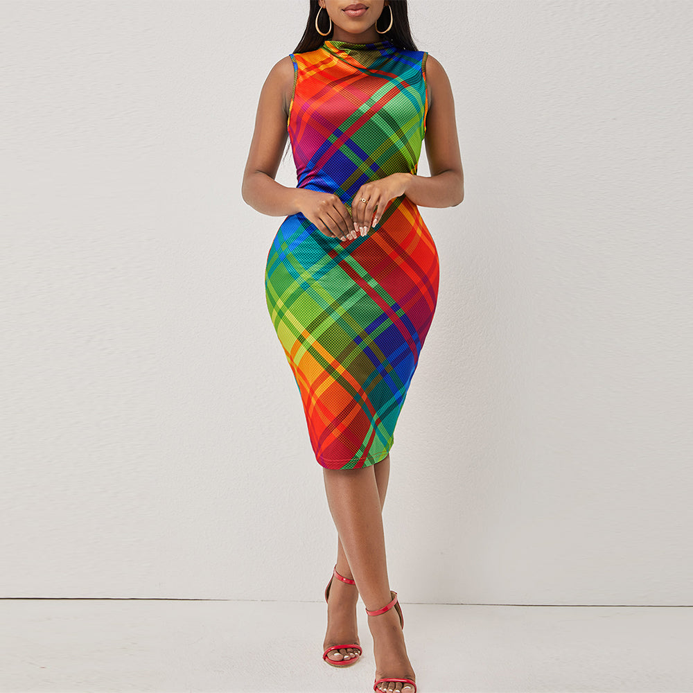 Summer Sleeveless Rainbow Striped Argyle Style Dress