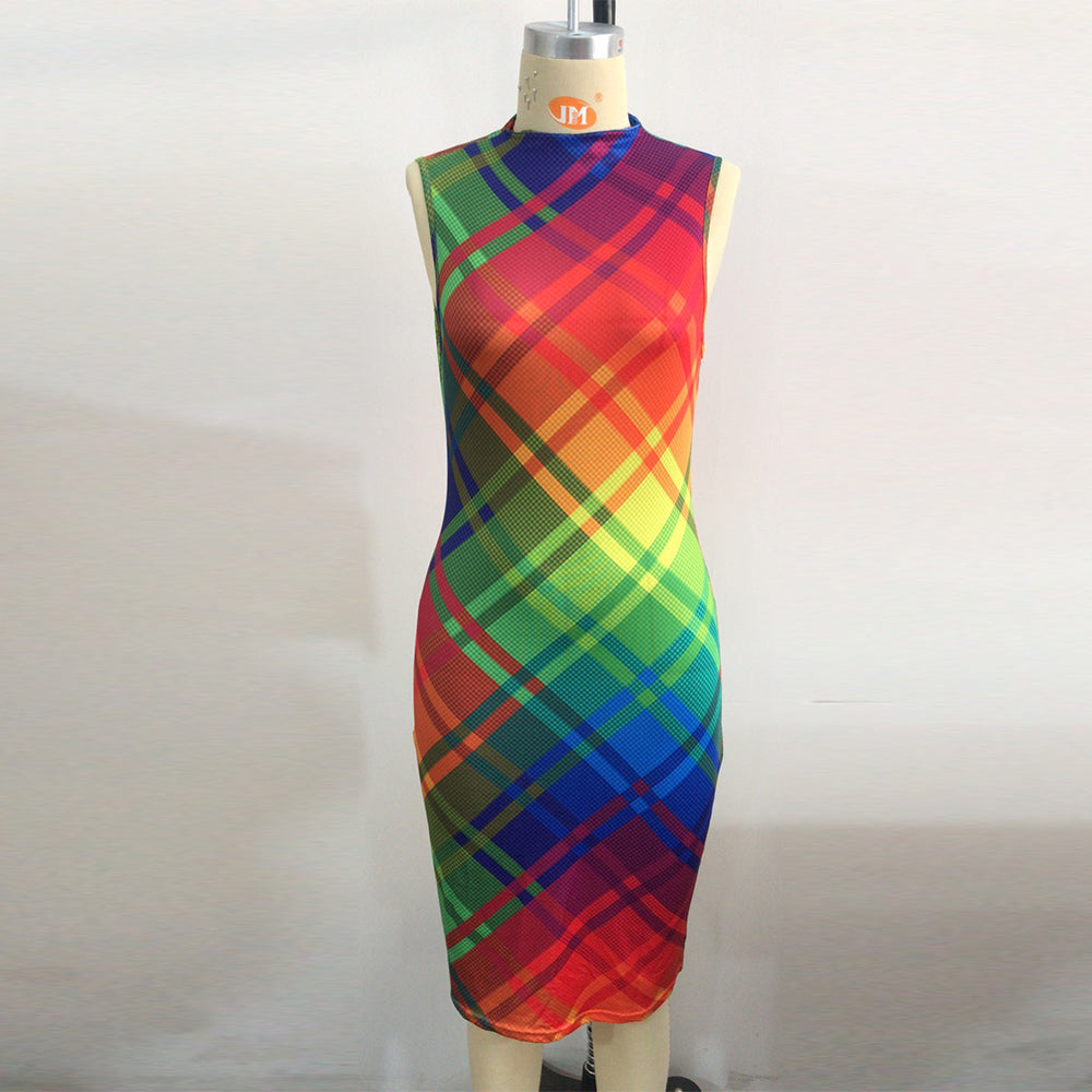 Summer Sleeveless Rainbow Striped Argyle Style Dress