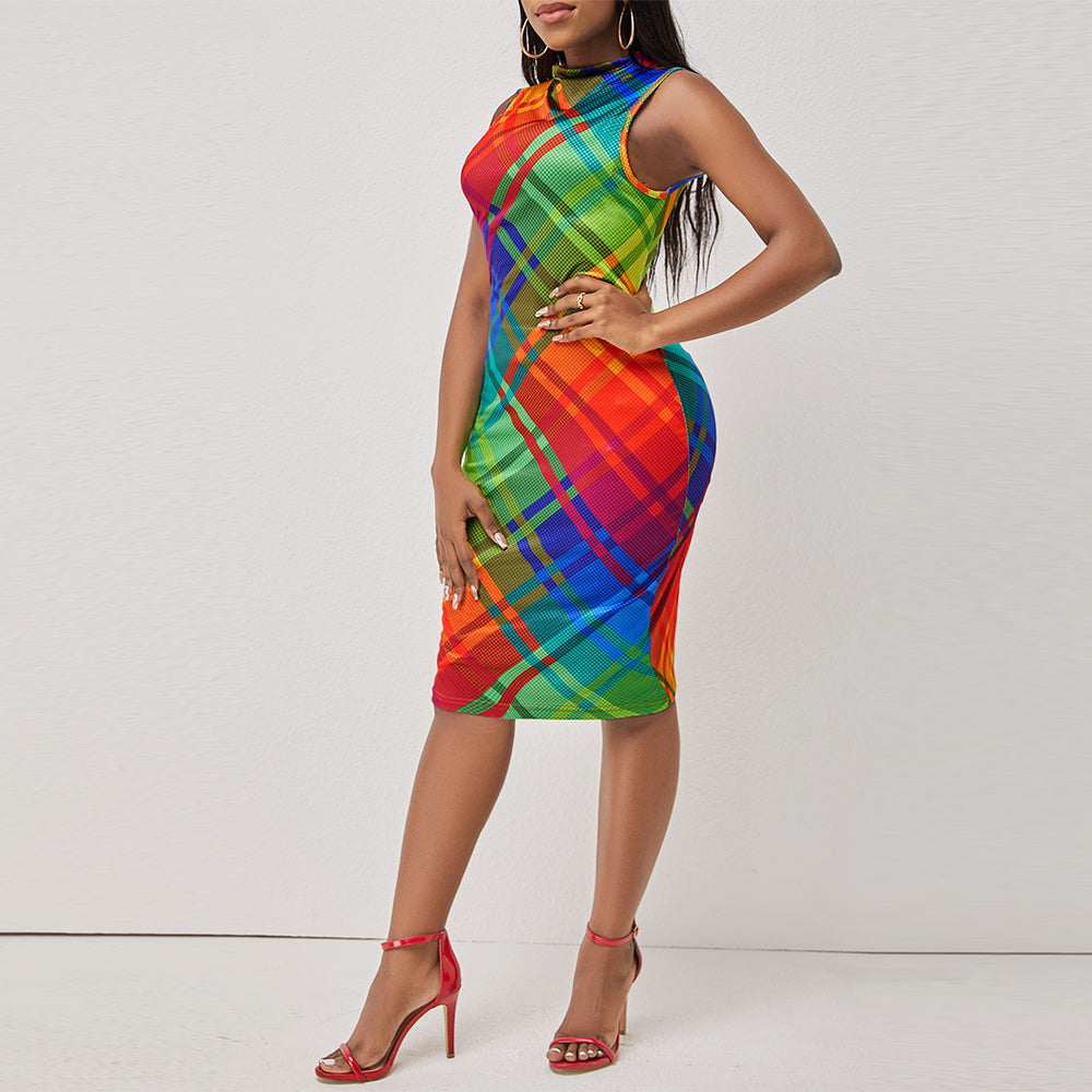 Summer Sleeveless Rainbow Striped Argyle Style Dress