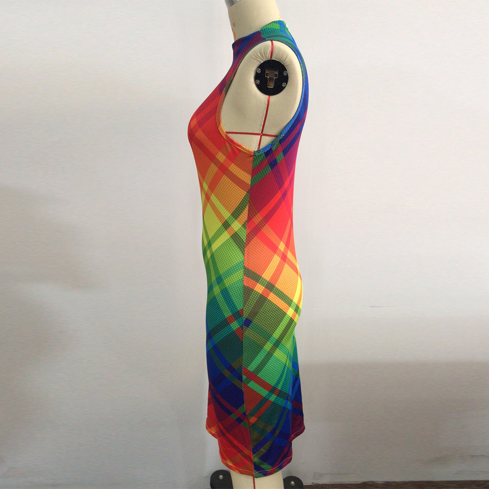 Summer Sleeveless Rainbow Striped Argyle Style Dress